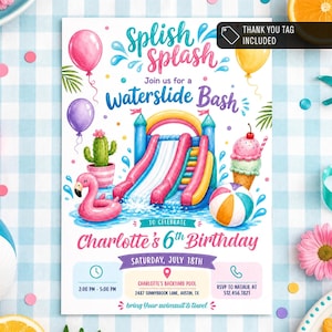 Water Slide Birthday Bash Invitation, Summer Backyard Party Girly Invite (Digital Download) PP712