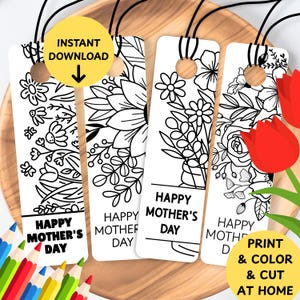 Tarjetas para colorear para el Día de la Madre, Página para colorear de flores para el Día de la Madre, Actividad de manualidades escolares "Te amo mamá", Marcador de libros para colorear para adultos
