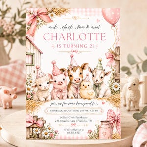 May include: A birthday invitation card featuring a pink gingham background, a barn, and illustrations of a lamb, pig, cow, chick, and goat wearing party hats. Text includes: oink, cluck, baa & moo!, CHARLOTTE IS TURNING 2!, and event details.