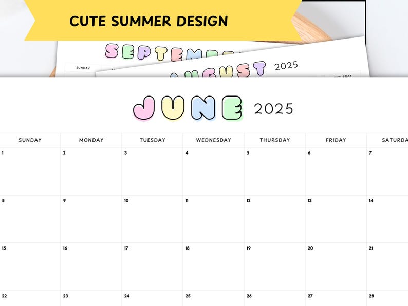 EDITABLE Summer 2025 Calendar Set for 4 Months: June, July, August ...