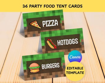 36 Pixel Craft Food Cards Editable, Mining Sign Party Food Tents, Mine Crafter Food Label Cards, Mining Game Crafts Party Labels, Food Signs