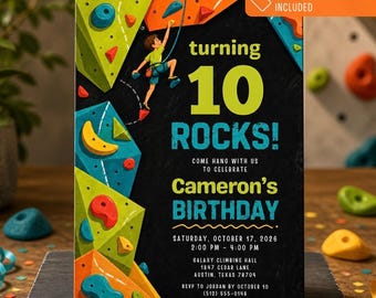 Uitnodiging voor een rotsklimfeest ter ere van je tiende verjaardag, Canva-sjabloon voor een rotsklimfeest (digitale download) PP925