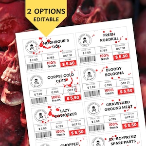 May include: A sheet of Halloween-themed labels with the text "Bloody Good Meats" and various spooky names like "Neighbour's Dog" and "Corpse Cold Cuts". The labels have a barcode and a price per pound.