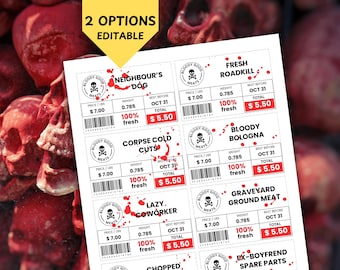 Etiquetas de carne editáveis para o Halloween, adesivos de guloseimas assustadoras (download digital)