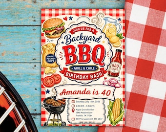 Retro Backyard BBQ Birthday Invitation, Personalized Party Invite (Digital Download) PP581