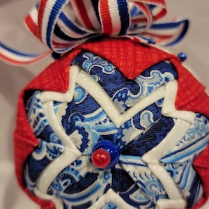 White, red, and blue paisley quilted ornament (RWB26)