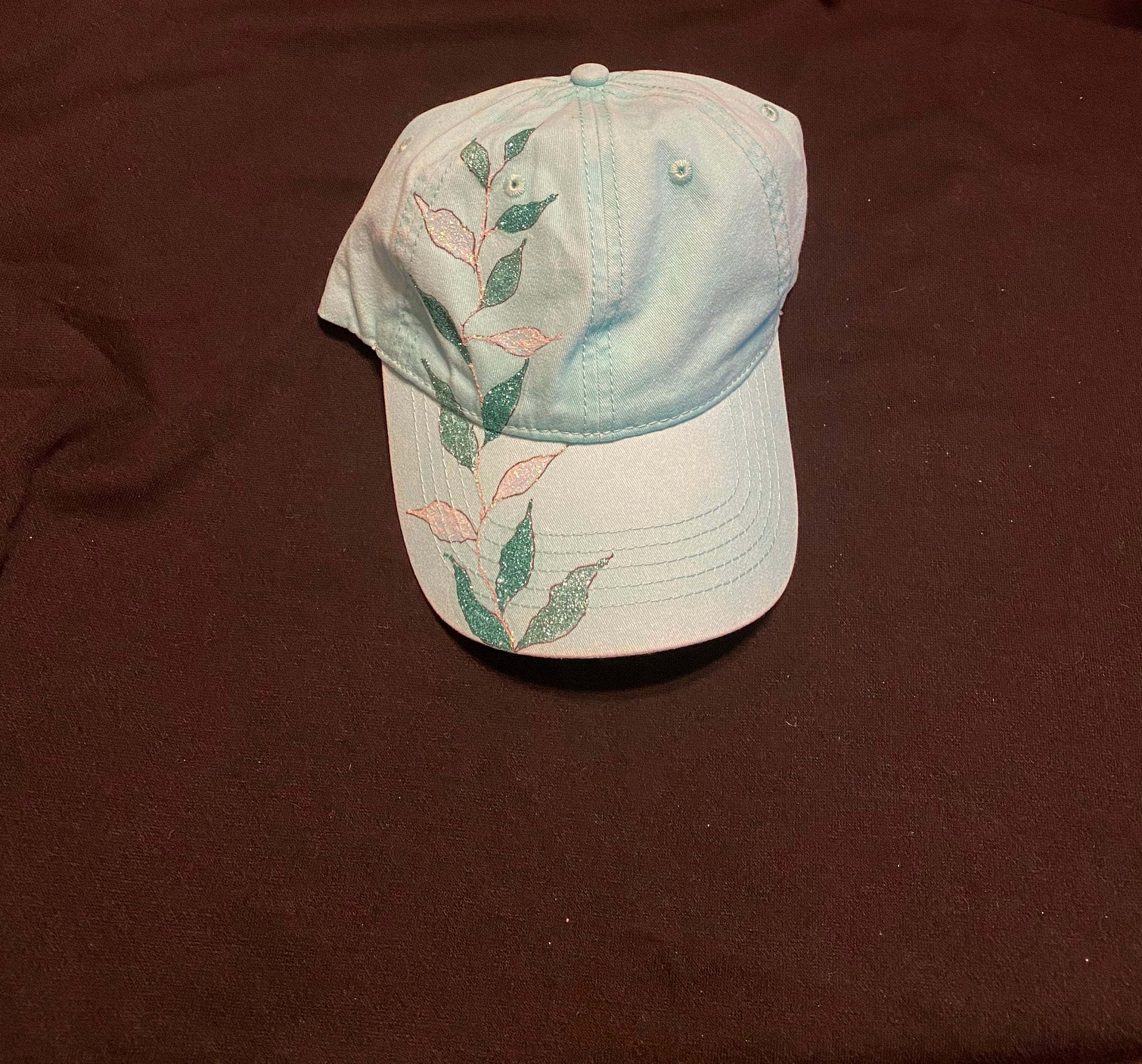 Teal Baseball Cap with Glitter Leaves Lorene Lovell Etsy