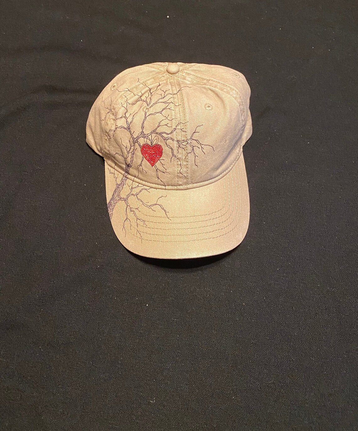 Khaki Baseball Cap with Tree with Heart Lorene Lovell Etsy