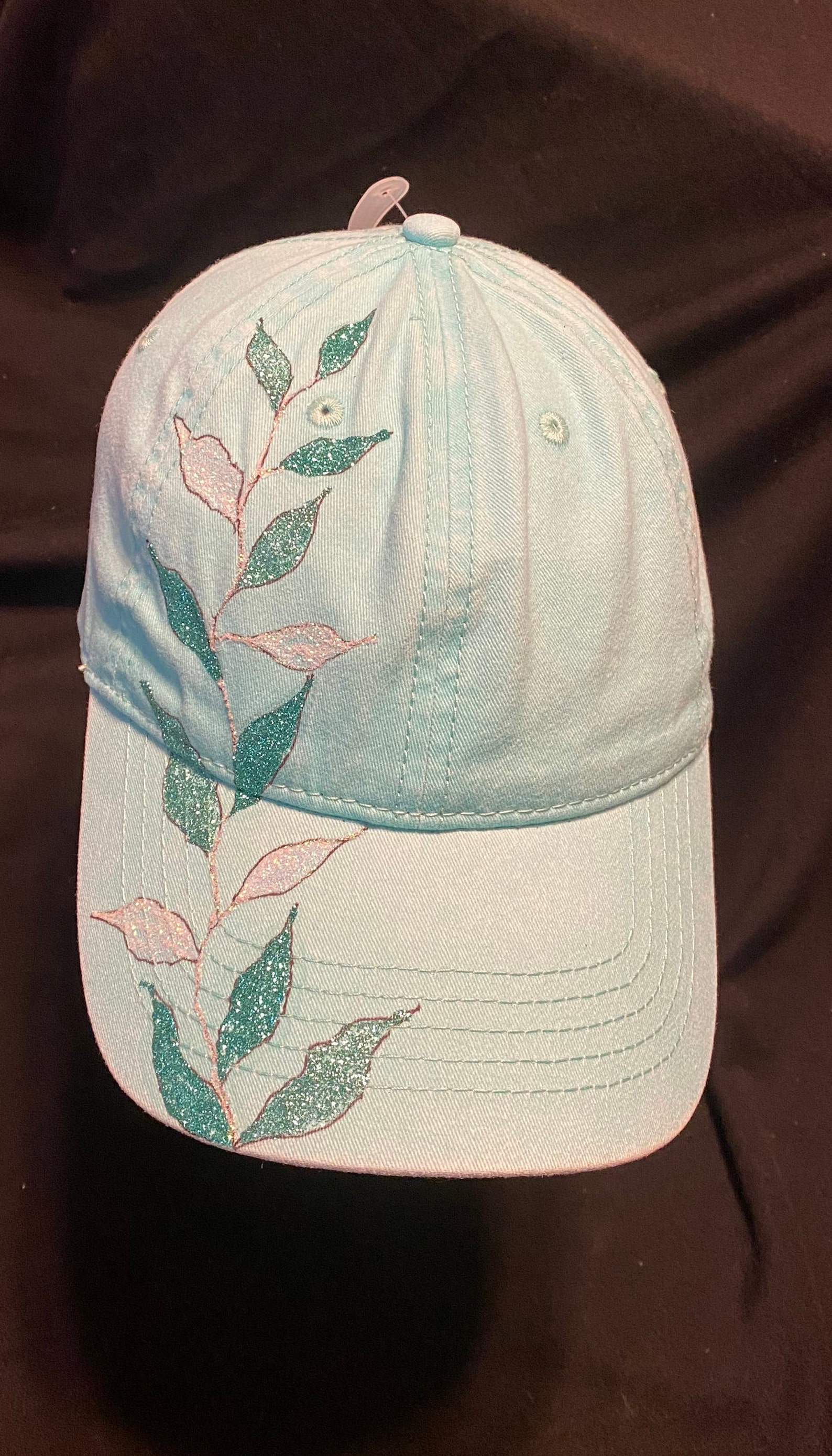 Teal Baseball Cap with Glitter Leaves Lorene Lovell Etsy