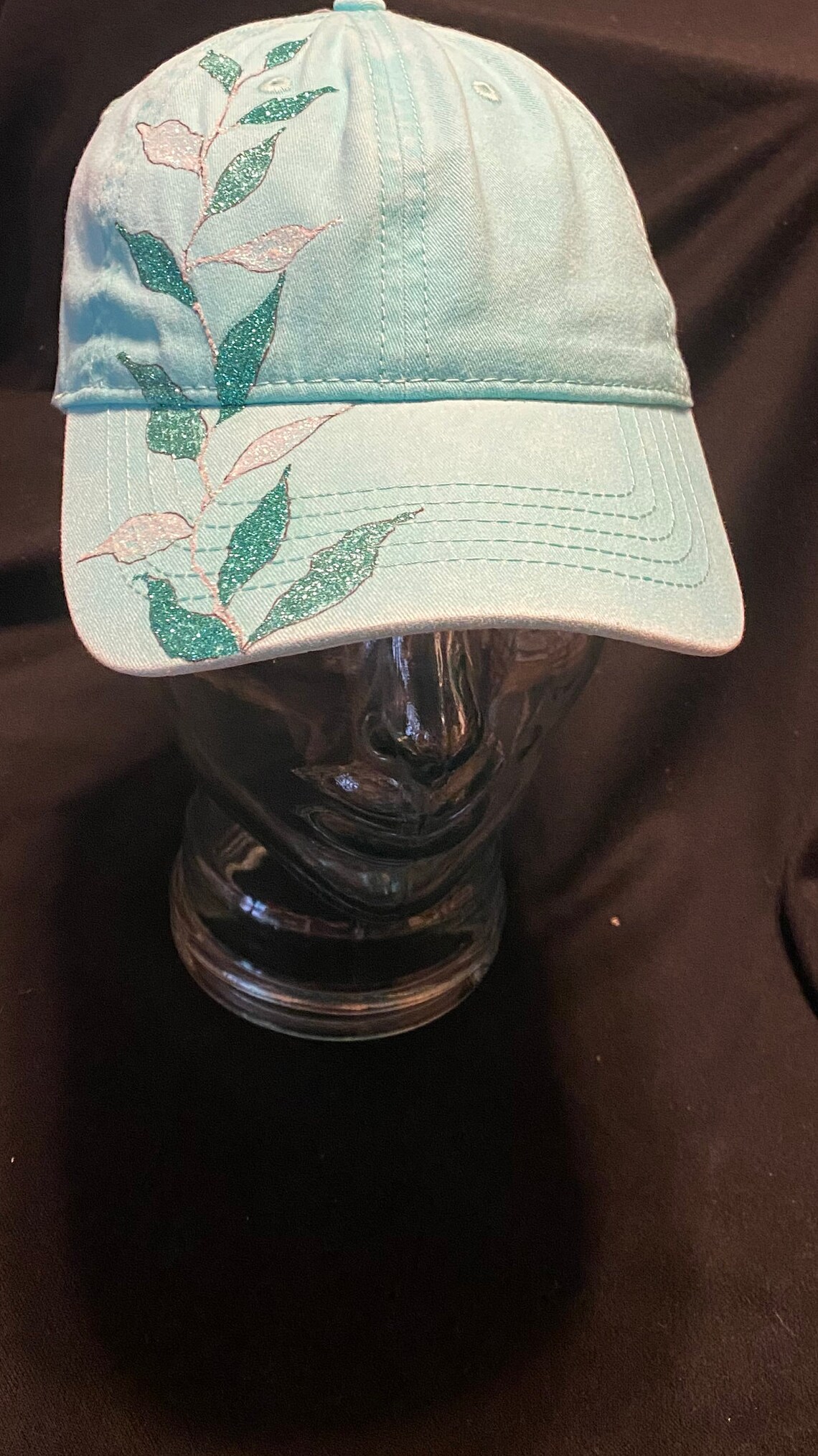 Teal Baseball Cap with Glitter Leaves Lorene Lovell Etsy