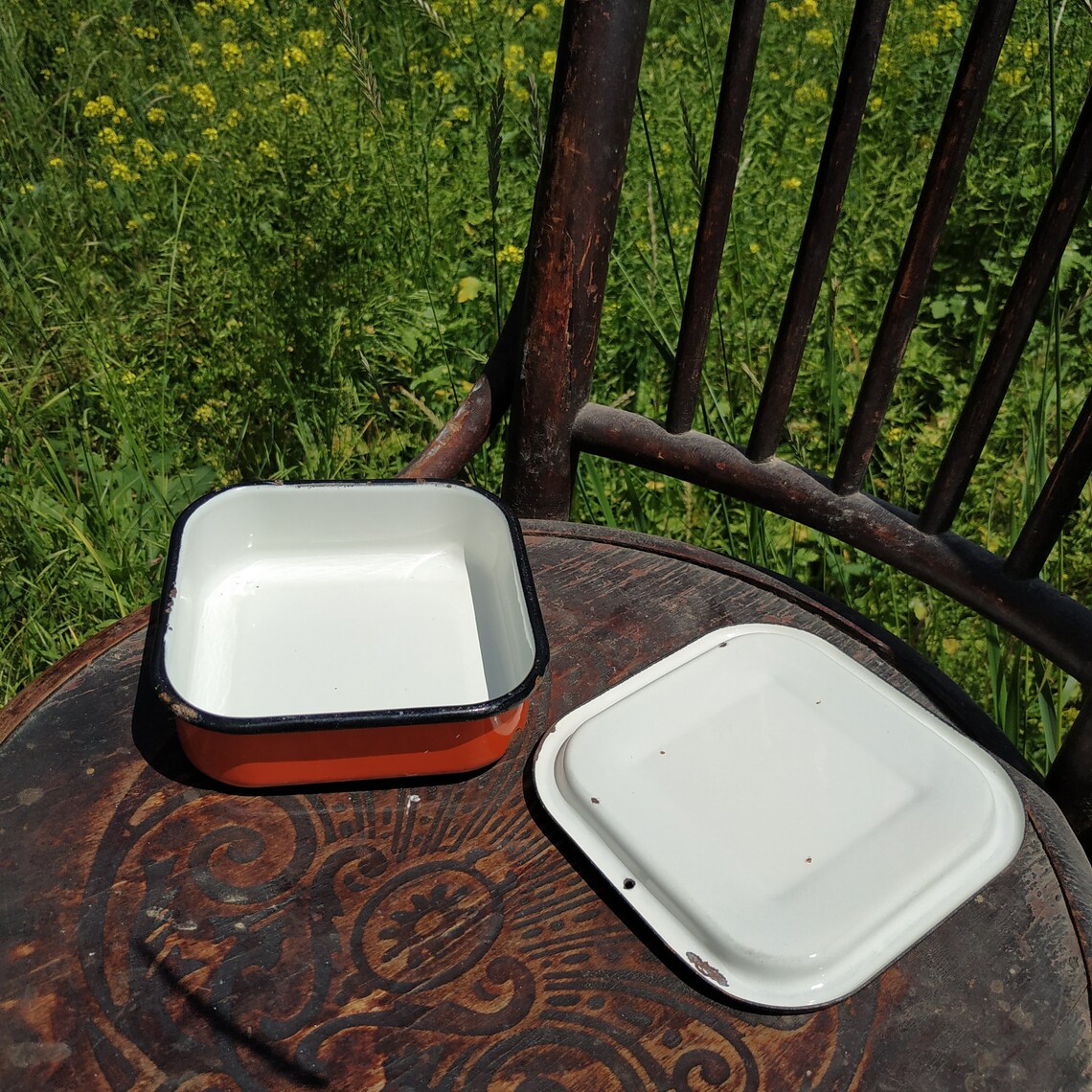 Vintage Enamel Food Container Sqare Metal Red Tray/Bowl with Etsy