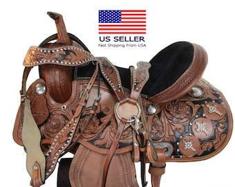 Barrel Saddle Western Show Trail Horse Pleasure Pleasure Tooled Leather Tack 15 16 17 18 Headstall Breast Collar Reins | Free Shipping