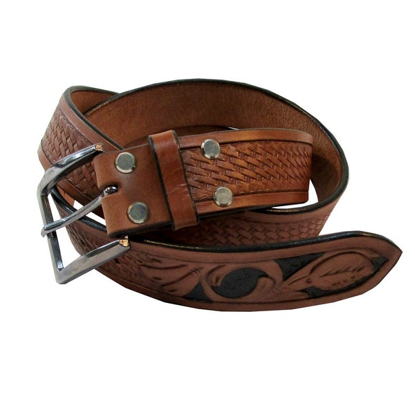 Mens Leather Belt Basket Weave Floral Belts Western Cowboy Casual Work Wear