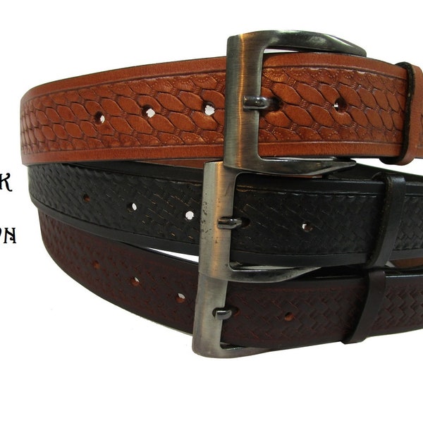 Mens Belt Western Leather Belts for Women Cowboy Basket Weave Tooled School Uniform Office