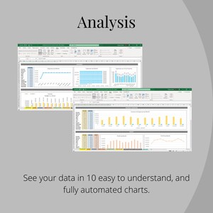 May include: A screenshot of a spreadsheet program with multiple charts showing income and expenses by month. The text "Analysis" is at the top of the image. The text "See your data in 10 easy to understand, and fully automated charts." is at the bottom of the image.