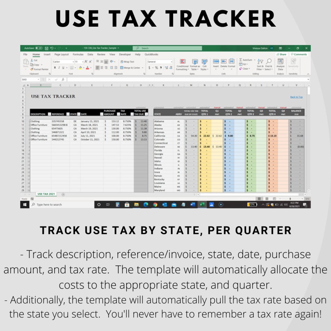 Use Tax Tracker Excel Template Instant Download Etsy