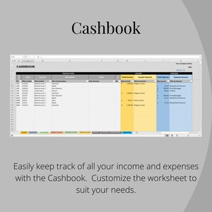 May include: A spreadsheet with the title "Cashbook" in a yellow box. The spreadsheet is divided into columns with headings such as "Date", "Account", "Description", "Notes", "Total Income", "Income Account", "Total Expense", and "Expense Account". The spreadsheet is used to track income and expenses.