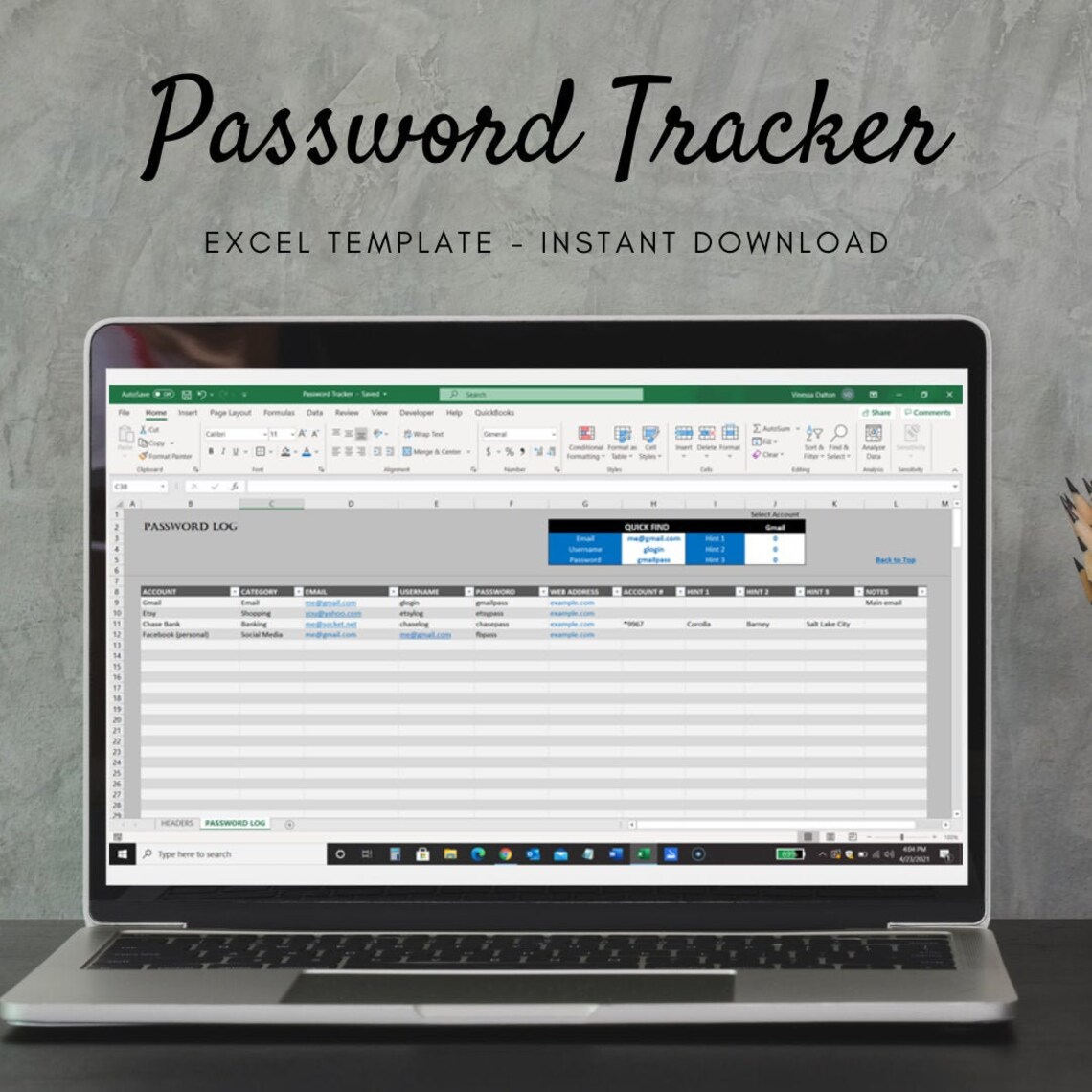 Password Tracker Excel Template Google Sheets Instant Download Etsy