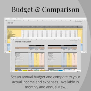 May include: A spreadsheet with the title "Budget & Comparison" showing a budget and comparison of income and expenses. The spreadsheet is divided into two sections: "Budget" and "Budget Comparison". The "Budget" section shows a monthly breakdown of income and expenses, while the "Budget Comparison" section shows a comparison of budgeted and actual income and expenses for the year. The spreadsheet is in a light gray color scheme.