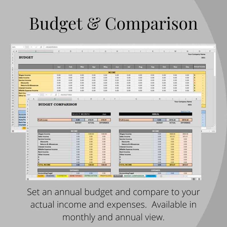 May include: A spreadsheet with the title "Budget & Comparison" showing a budget and comparison of income and expenses. The spreadsheet is divided into two sections: "Budget" and "Budget Comparison". The "Budget" section shows a monthly breakdown of income and expenses, while the "Budget Comparison" section shows a comparison of budgeted and actual income and expenses for the year. The spreadsheet is in a light gray color scheme.