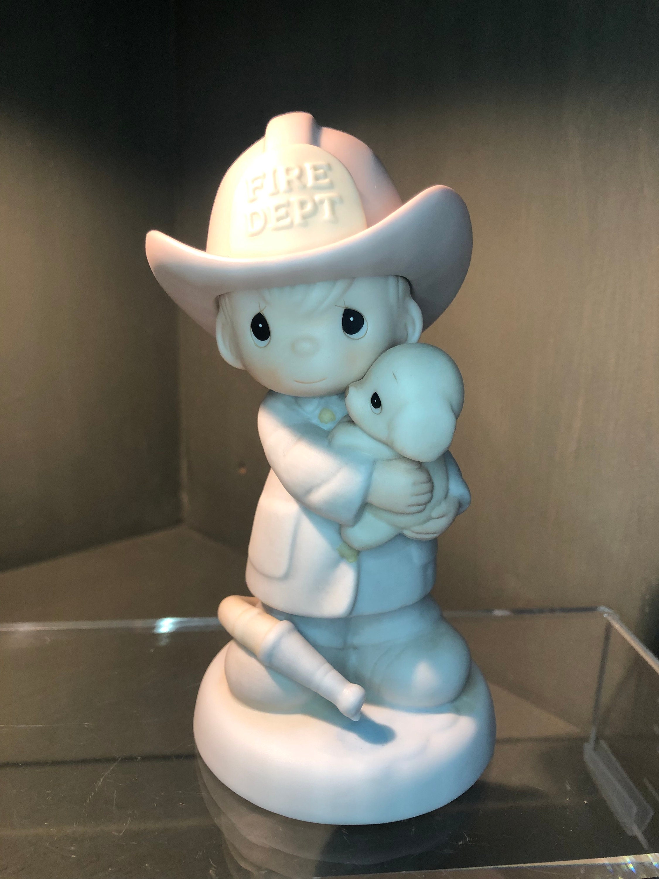 Love Rescued Me Little fire fighter with Puppy Enesco Precious Moments Porcelain Figurine Collectibles Dated 1986 #102393