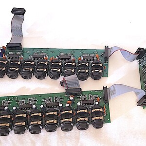 Può includere: Due schede di circuito verde con connettori e cavi neri. Ogni scheda ha otto jack audio neri.