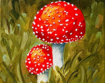 Fly Agaric Oil Painting Kitchen Wall Art Mushrooms Amanita Mushrooms Impasto Semi Abstract Artwork Still Life Small Oil Painting  8 x 10