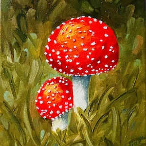 Fly Agaric Oil Painting Kitchen Wall Art Mushrooms Amanita Mushrooms Impasto Semi Abstract Artwork Still Life Small Oil Painting  8 x 10