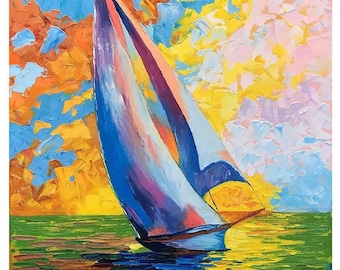 Sailboat Original Oi Painting  Artwork Seascape Painting Coastal Beach Art Semi Abstract Artwork Impasto Wall Art Ocean Painting Beach House