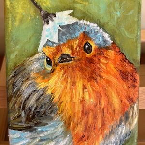 Robin Bird Original Oil Painting  of Cute Little Bird Semi Abstract Oil Painting Miniature Art Bird Nursery Art Lovers Gift 5x7