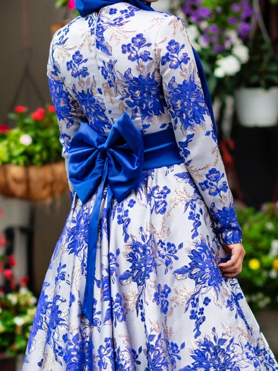 Silver & Royal Blue/ Gold Floral Metallic Dress/brocade Maxi