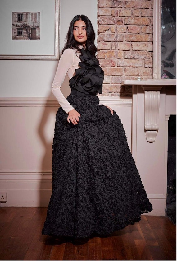 Black Embroidered Georgette Skirt Set: Hand Beaded Bridal Dress