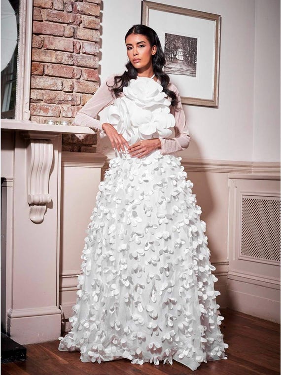 Two-Piece White Bridal Dress: 3D Crystal Appliqué Satin Skirt & Top