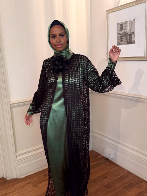 Satin Slip Dress with Blazer: Green Maxi Abaya Dress