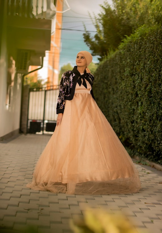 Two Piece Set Dress Beige Tulle Black Velvety Blended Sequin