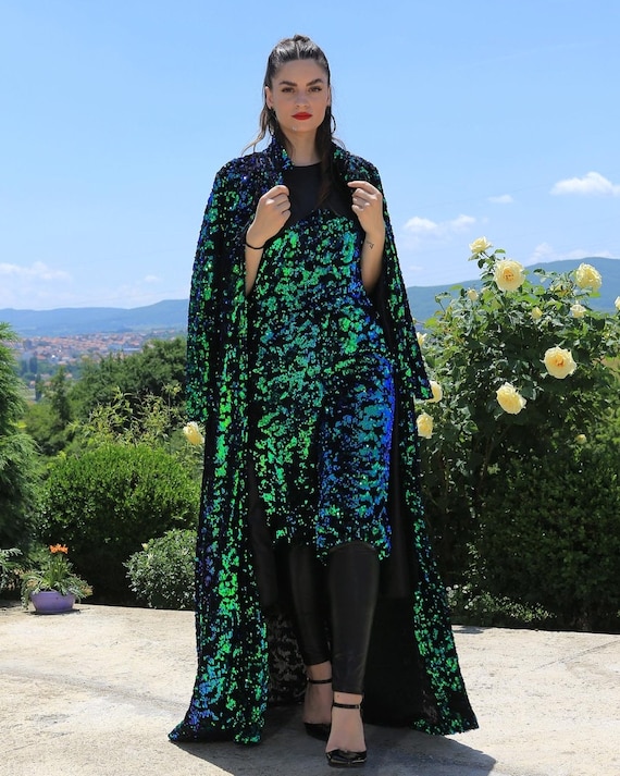 Black Leather Jumpsuit/ Sequin Jumpsuit/ Long Sequin  Jacket/ Green Sequin Jacket/