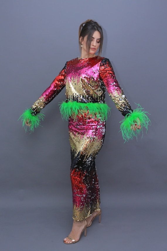 Sequin Dress/ Sequin Set/ Rainbow Sequin Dress/ Party Dress / Two Piece Set/ Disco Party Dress/