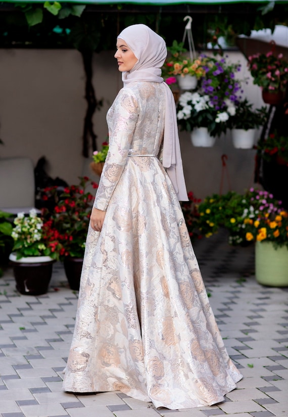 Beige Floral Brocade Maxi Dress - Modest Wedding Party Gown - Etsy