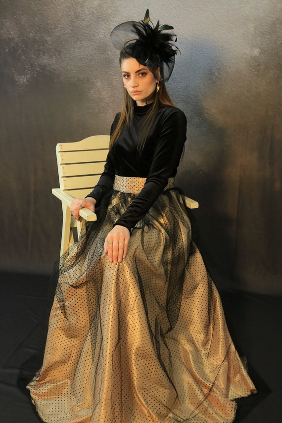 Two Piece Polka dot Skirt / Black Velvet Top/ Black Tulle/ Polka dot Black skirt/ Modest Skirt/