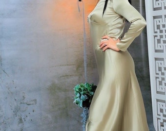 Satin Dress /Long Dress /Green Olive Dress/ Wedding Dress/ Bridal Dress/ Glamorous Dress/