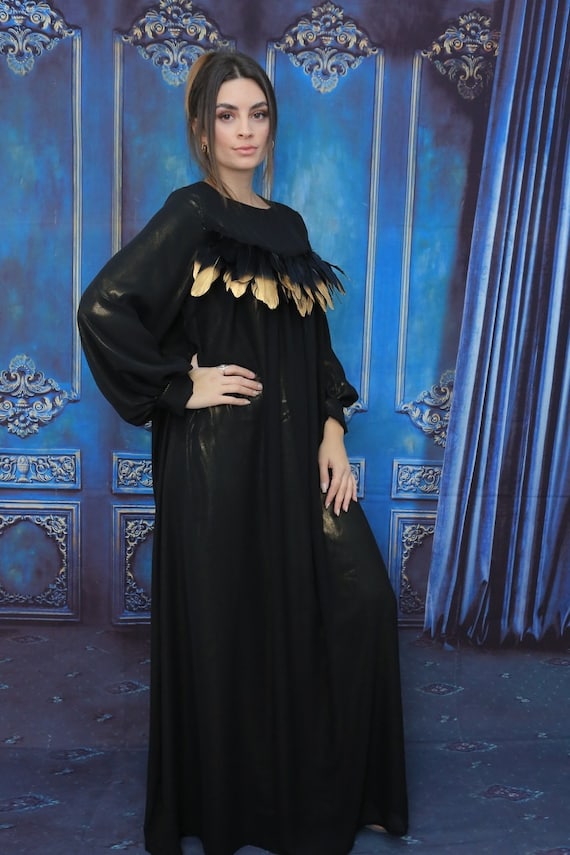 Black Dress/ Dress/ Long Black Dress/ Satin Dress/ Tulle Dress/ Feather/ Satin/ Tulle/