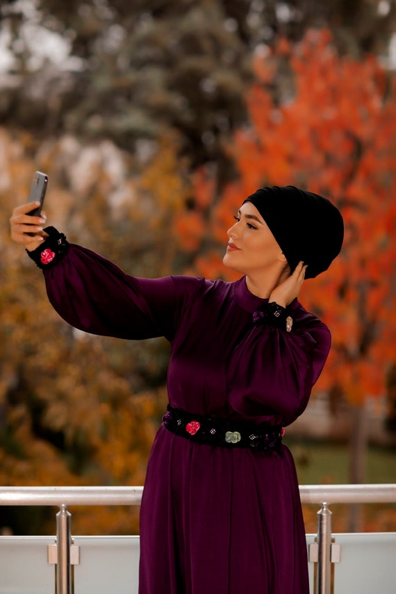 Ladies,  Purple Satin Tunic, Bishop Sleeve and plain Black  Satin,  Ladies Tunic, Black Trousers, Ladies Trousers,