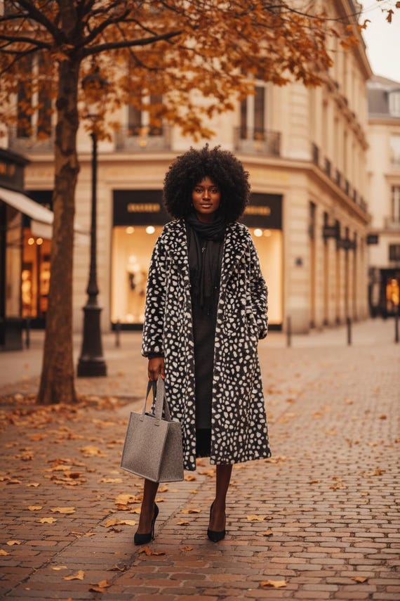 Grey Spotted Faux Fur Coat, Elegant Winter Glamour