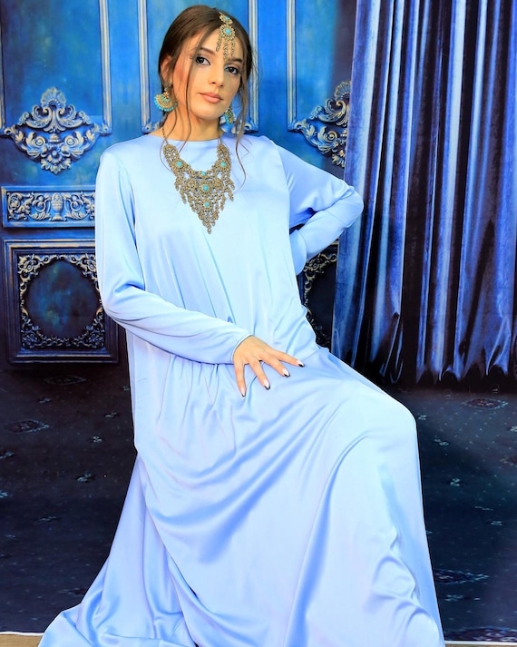 Blue Satin Dress, Maxi Dress, Long Satin Dress, Satin Jewellery Dress,