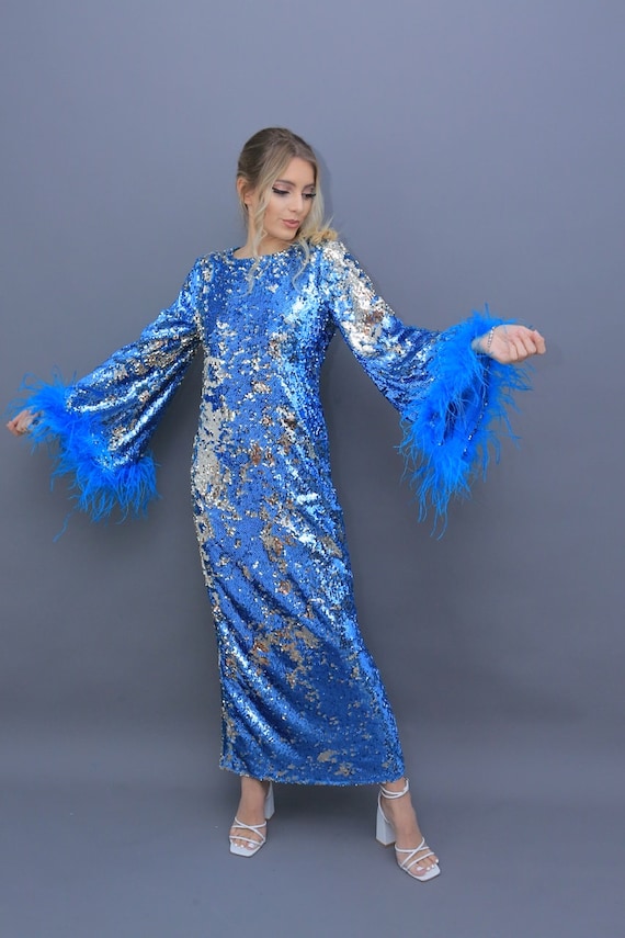 Blue Sequin Dress/ Party Dress/ Bridal Dress/ Long Sequin Dress/ Disco Party Dress/