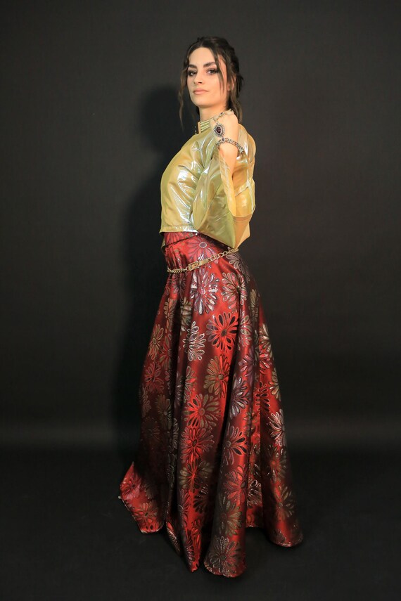 Womens High Waisted A-line Swing Maxi Skirt Floral Brocade with Gold Satin Top
