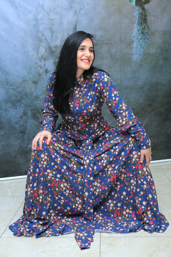 Floral Dress/ Maxi Dress/ Blue Floral Dress/ Summer Dress/ Party Dress, Long Cotton Dress,