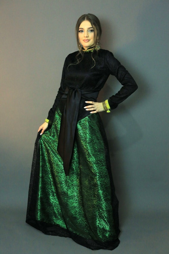 Tulle Satin Dress, Black Tulle Dress, Green Satin Dress, Black & Green Tulle Dress,