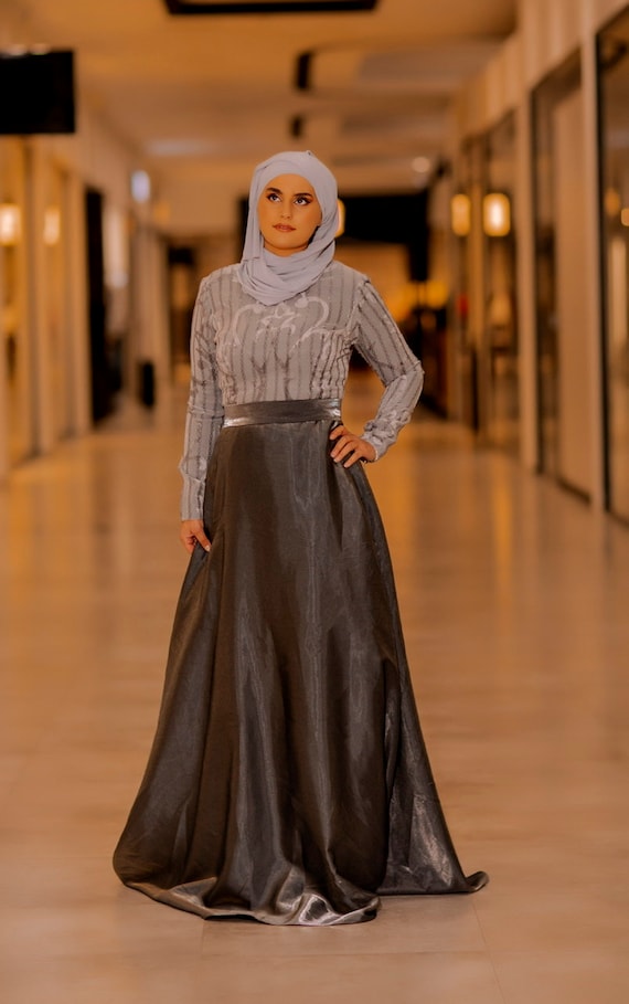 Grey Silver/ Laminated Pane / Velvet / Satin Long Dress/ Satin Dress/ Maxi Dress/ Bridesmaid Dress/  Grey Satin Dress/ Modest Dress/