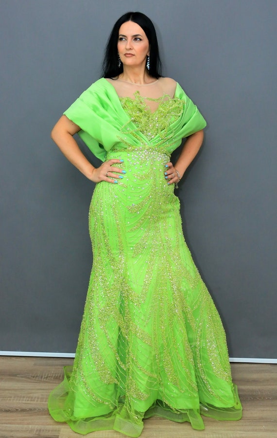 Wedding Dress/ Green Satin Dress/ Sparkle Dress/ Swarovski Appliqué Dress/ Party Dress/ Bridal Dress/